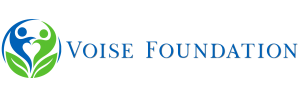 Logo for Voise Foundation with blue and green abstract human figures forming a heart shape, surrounded by leaves, next to the organizations name in blue text on a white background.