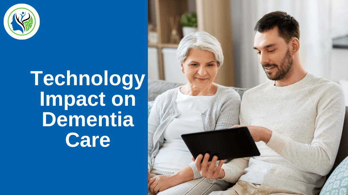 An older adult with gray hair and a younger person looking at a tablet, illustrating the role of technology in dementia care.