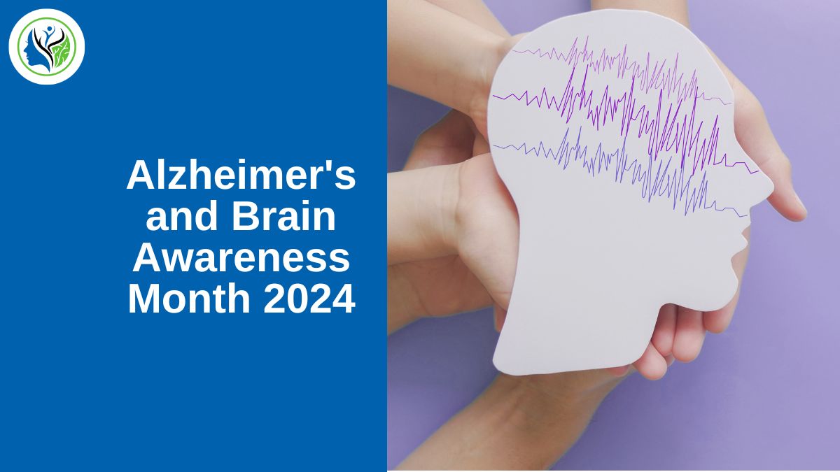 Silhouette of a human head in profile holding a brain-shaped cutout with brainwave patterns, symbolizing Alzheimer's and Brain Awareness Month 2024.