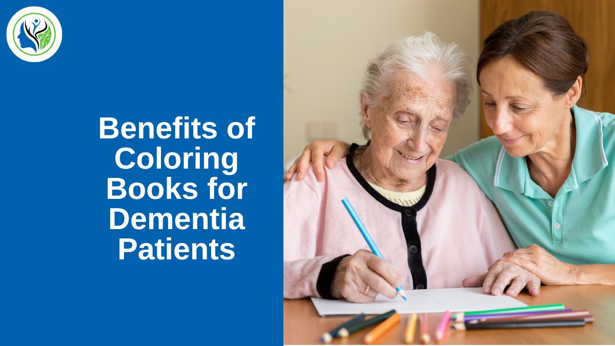 Elderly woman with dementia enjoying coloring books with the assistance of her caregiver, illustrating the Benefits of Coloring Books for Dementia Patients.