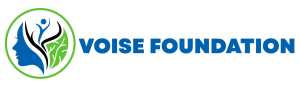 Voise Foundation logo featuring a blue silhouette of a face with abstract leaves and a person inside a green circle, next to the name in bold blue text.